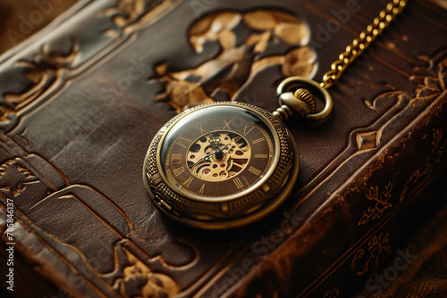 Antique pocket watch with a gold chain, set against an aged leather book, soft warm lighting