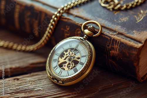 Antique pocket watch with a gold chain, set against an aged leather book, soft warm lighting