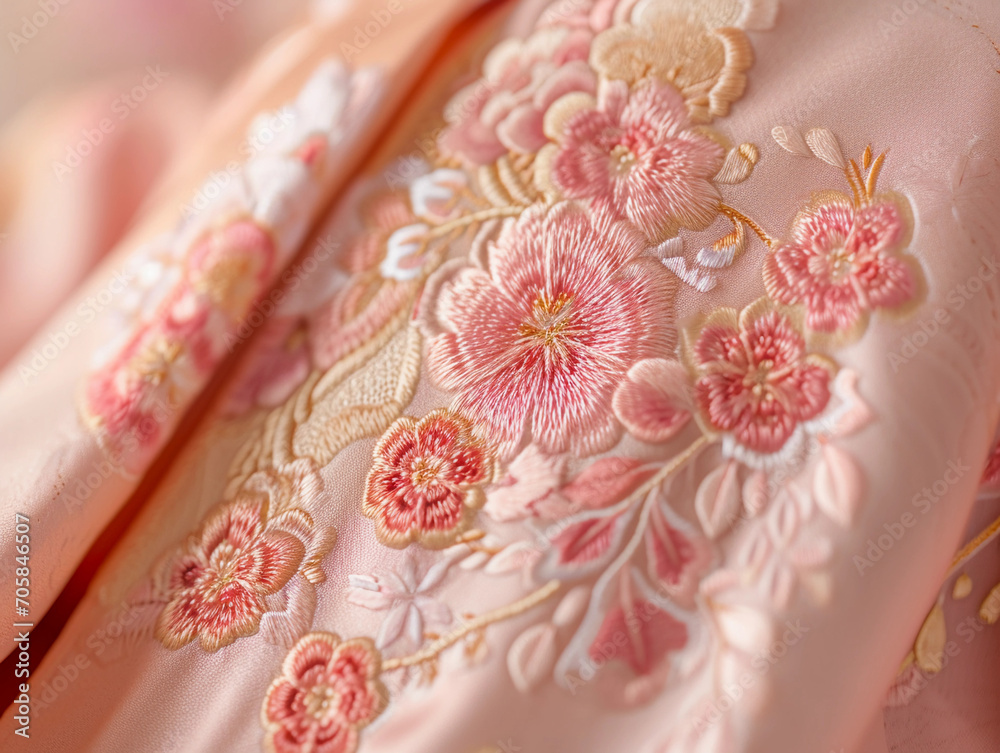 embroidery on the sleeves of a pastel pink kimono, soft bokeh embroidery on the sleeves of a pastel pink kimono, soft bokeh