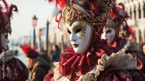 Person in an elaborate mask and costume at Venice Carnival, with canal and architecture in the background. © mashimara