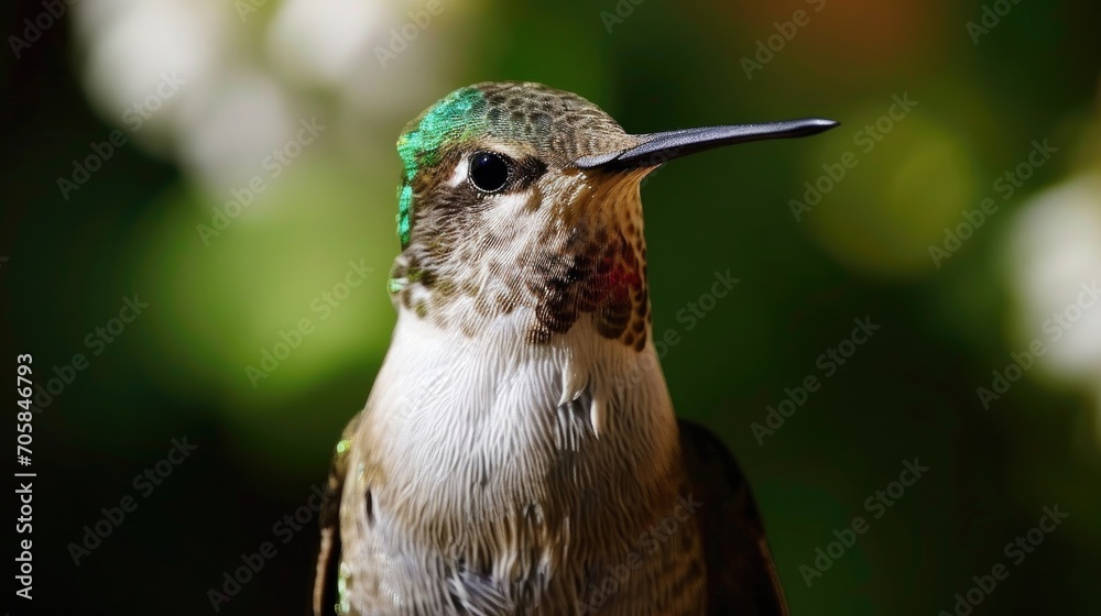 Obraz premium A hummingbird hovers mid-air, feeding from vibrant orange flowers. The bird's wings are a blur of motion, and its iridescent feathers glint in the sunlight.