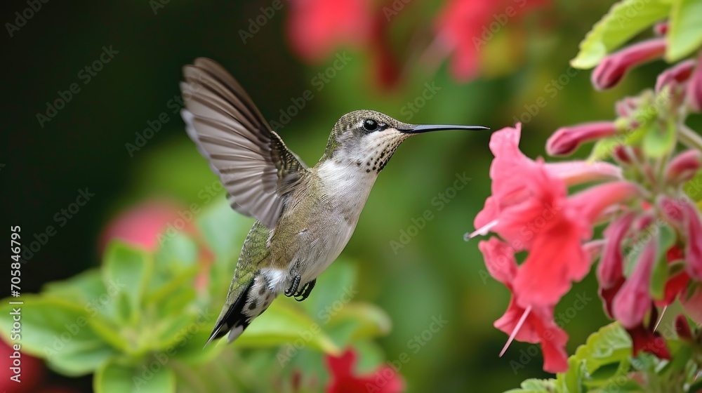 Naklejka premium A hummingbird hovers mid-air, feeding from vibrant orange flowers. The bird's wings are a blur of motion, and its iridescent feathers glint in the sunlight.