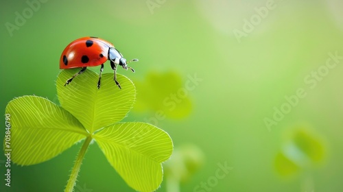 A vibrant ladybug perched on a clover leaf against a fresh green background