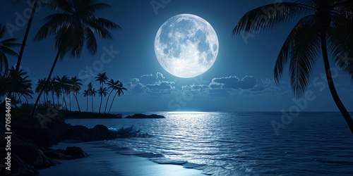 full moon illuminating a tropical archipelago, silhouettes of palm trees, calm ocean waters reflecting moonlight