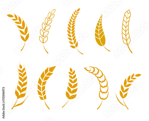 Set of simple icons of golden ears of wheat.  Wheat logo design elements for beer, organic fresh food corn farm,  grain element, wheat simple pattern. Vector illustration.