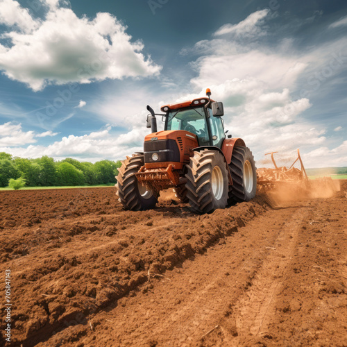 Farmer plowing agriculture field with tractor