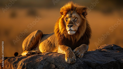 Leo, the Lion: A regal lion lounging on a sunlit rock, mane glowing against a dark savanna background