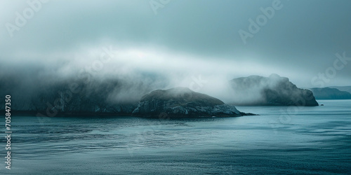 dense fog enveloping an archipelago, hauntingly beautiful, hints of islands emerging
