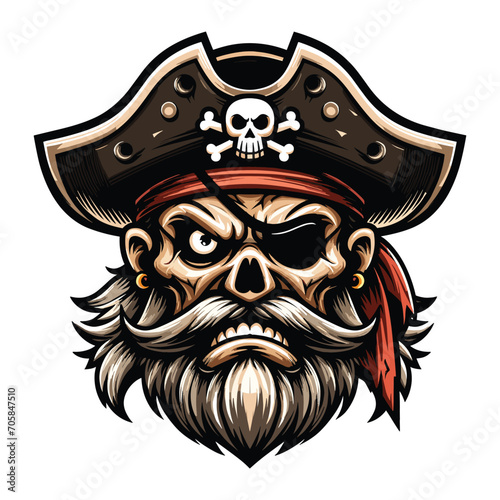 Angry pirate head face with hat and eye patch mascot design vector illustration, logo template isolated on white background