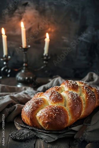 Jewish shabbat bread challah on wooden rustic background
