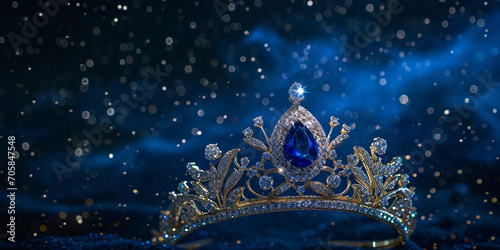 Sapphire and diamond tiara against a night sky with twinkling stars, ethereal glow, magical atmosphere