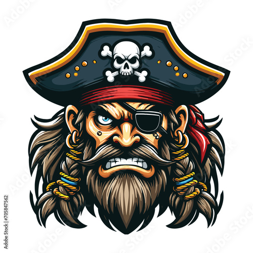 Angry pirate head face with hat and eye patch mascot design vector illustration, logo template isolated on white background