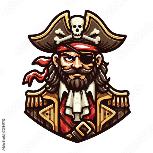 Angry pirate head face with hat and eye patch mascot design vector illustration, logo template isolated on white background