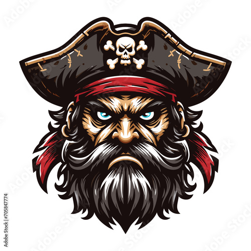 Angry pirate head face with hat and eye patch mascot design vector illustration, logo template isolated on white background