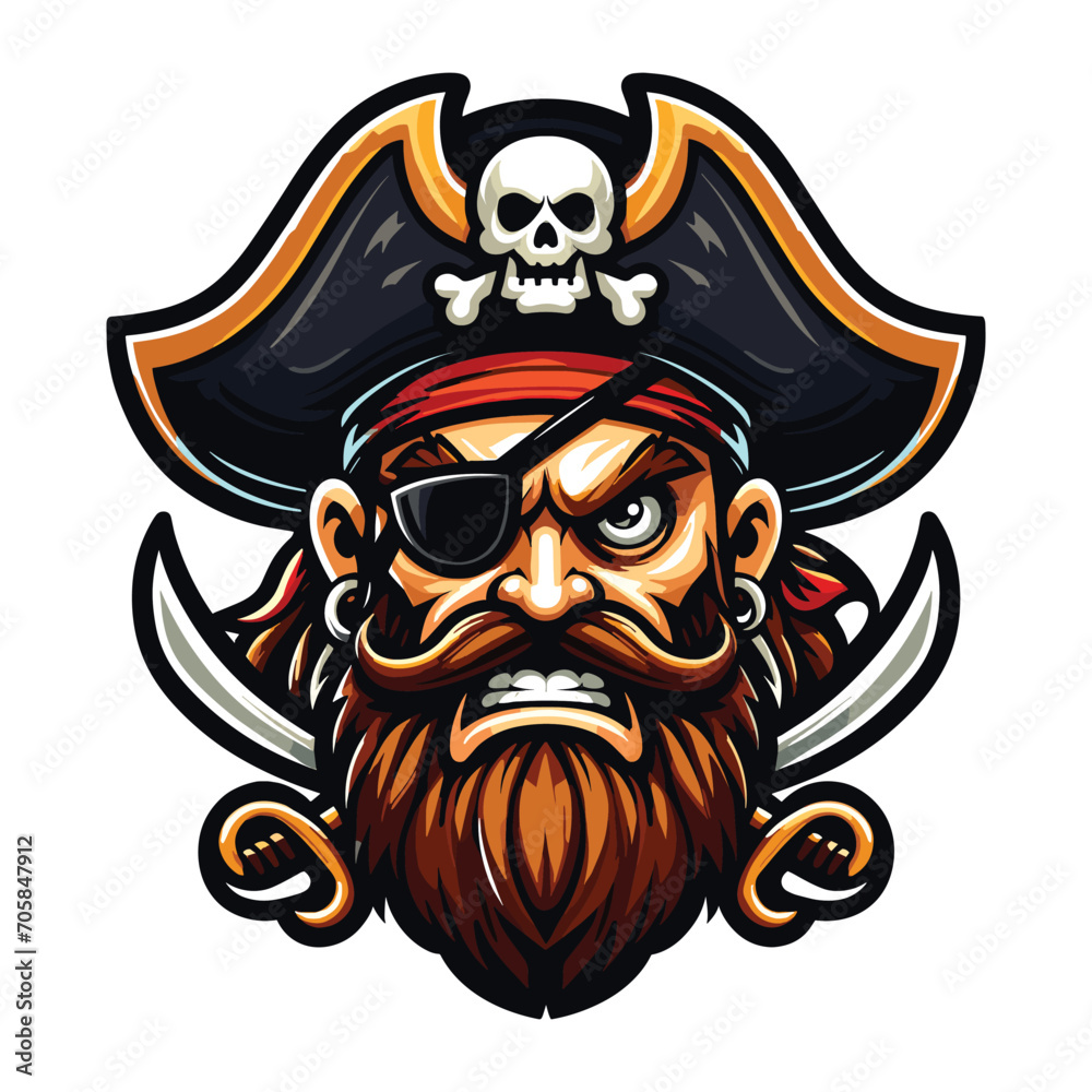 Angry pirate head face with hat and eye patch mascot design vector illustration, logo template isolated on white background