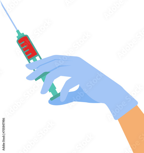 female hand in a medical glove hold an injector filled with red liquid. Simple flat style isolated.