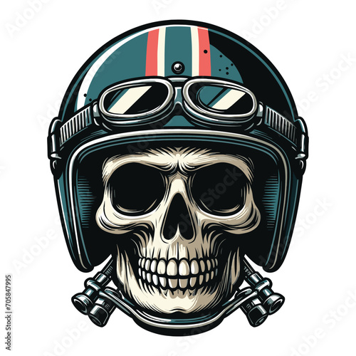 Retro vintage biker racer skull in helmet design vector template illustration. t-shirt design, logo mascot emblem isolated on white background
