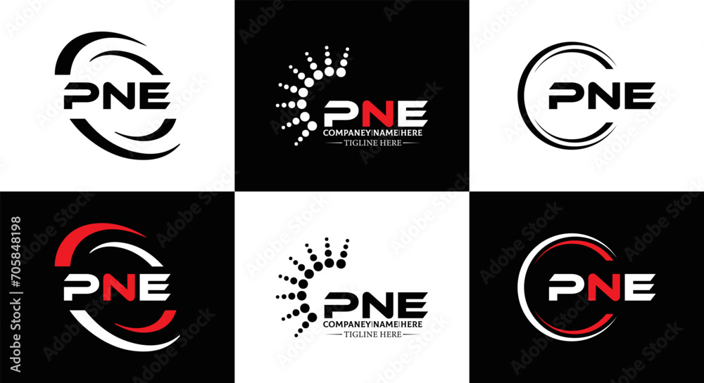 PNE logo. P N E design. White PNE letter. PNE, P N E letter logo design. Initial letter PNE letter logo set, linked circle uppercase monogram logo. P N E letter logo vector design.	
