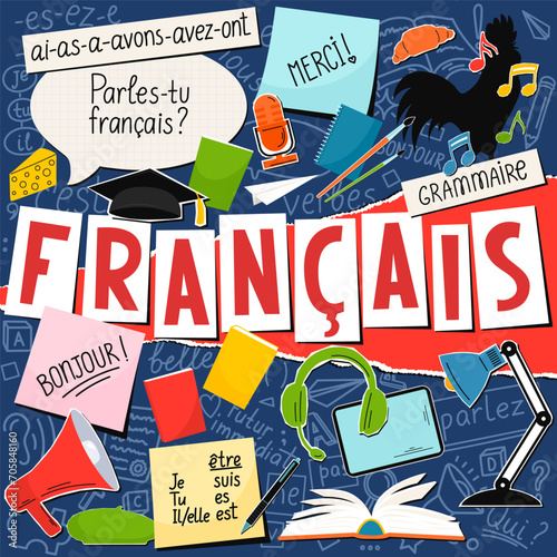 Francais. Translation: French; thank you; Good morning; grammar; Do you speak French; I am; You are; He/she is; have. French language concept. 