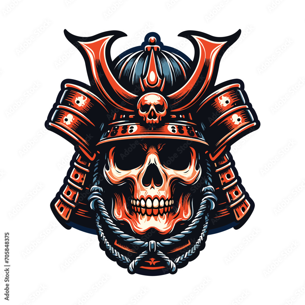 Fototapeta premium skull head face with samurai helmet design vector illustration. Traditional Japanese culture. Tattoo print. illustration for t-shirt print, fabric and other uses. Isolated on white background