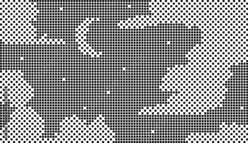 Pixel art starry night sky with clouds stars and a crescent moon. Horizontal composition. Black and white. Monochrome technology vibe. Atmospheric pixel nature sky scene.