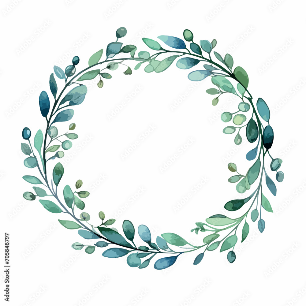 Watercolor vector illustration of a green floral banner with leaves and branches on a white background.