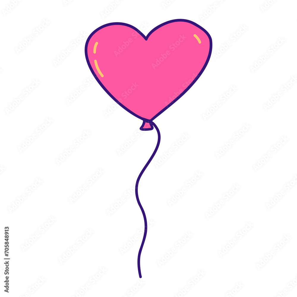 Pink Balloon in the shape of heart. Happy Valentines Day. Declaration of love and feelings, February 14th. On white background isolated vector doodle hand drawn. Icon or card, gift