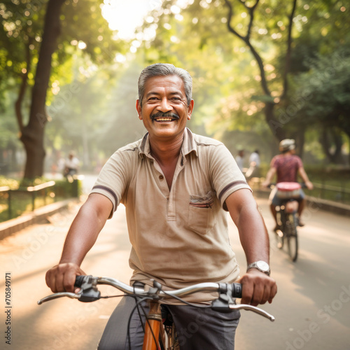 senior Indian man riding a bicycle in a park. © Bilal
