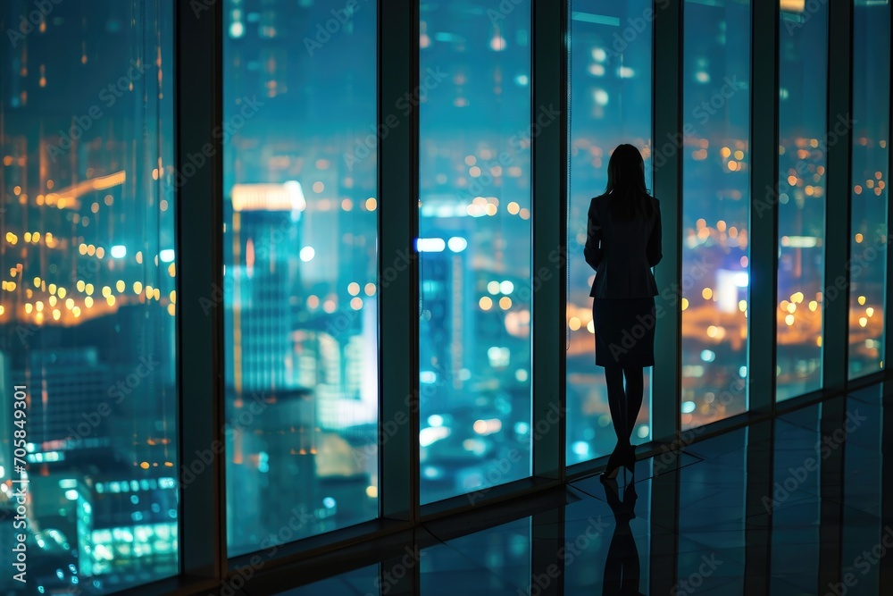 Successful businesswoman in the office during the night looking at the cityscape 