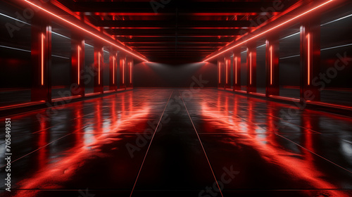 Dark room interior with red glowing neon. Laser linear shape glowing in the dark. Modern corridor or nightclub design. Generative AI