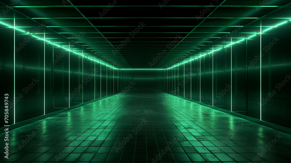 Dark room interior with green glowing neon. Laser linear shape glowing in the dark. Modern corridor or nightclub design. Generative AI Dark room interior with green glowing neon. Laser linear shape glowing in the dark. Modern corridor or nightclub design. Generative AI