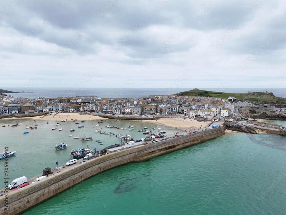 Harbour wall St Ives Cornwall on calm summers day drone,aerial