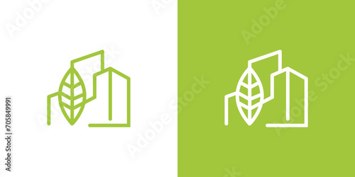 eco building tower vector logo design template. green leaf logo with multi-storey building. environmentally friendly construction logo	