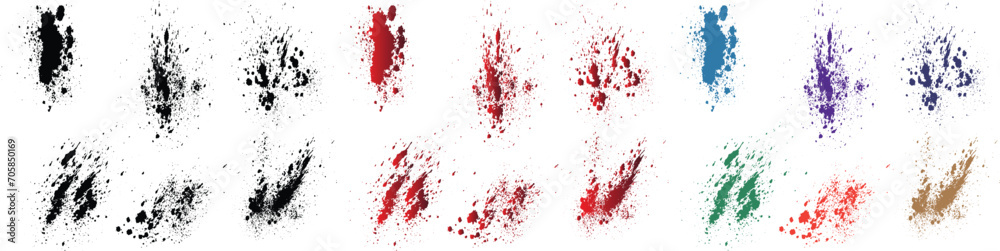 Hand-painted abstract realistic purple, orange, black, red, green, wheat color blood splatter vector brush stroke set