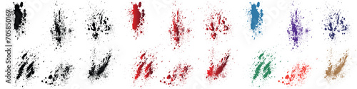 Hand-painted abstract realistic purple, orange, black, red, green, wheat color blood splatter vector brush stroke set