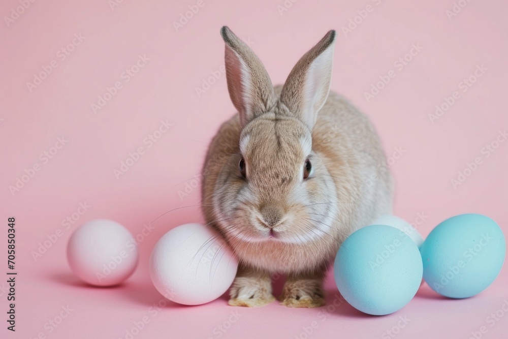 Easter bunny and Easter eggs isolated on pastel pink backtround. Easter bunny and Easter eggs isolated on pastel pink backtround.