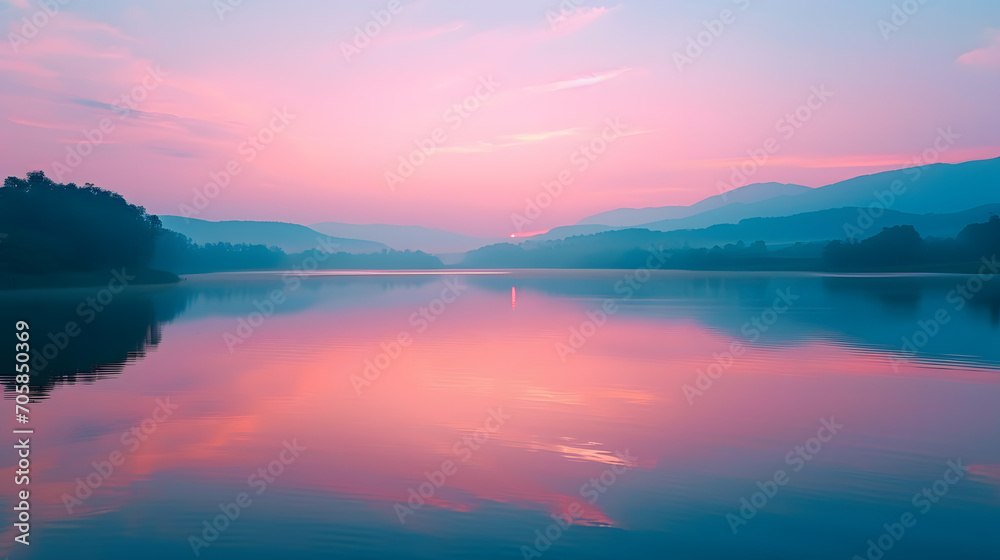 A tranquil lake, with mirror-like water reflecting gradient pastel and neon skies, during a calm dawn, showcasing the Psychic Waves trend of spiritual and emotional realms