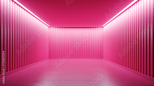 Abstract room interior with pastel pink glowing neon. Laser linear shape glowing in the dark. Modern corridor or nightclub design. Generative AI