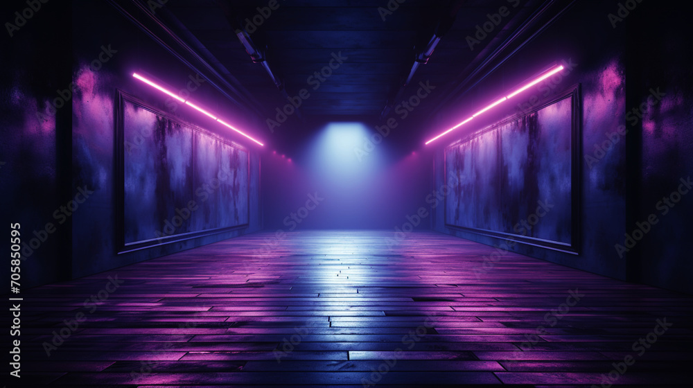 Dark room interior with purple glowing neon. Laser linear shape glowing in the dark. Modern corridor or nightclub design. Generative AI