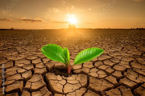 Plant in dry cracked soil. Tree in dry cracked land. Growing tree in dry soil in desert. Green young plant in cracked soil. Green plant growing in dry cracked ground. Nature recovery, climate change