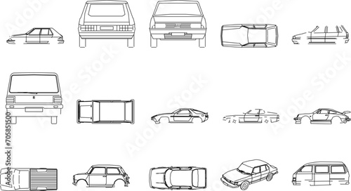 collection of vector sketch illustrations of designs for various kinds of cars