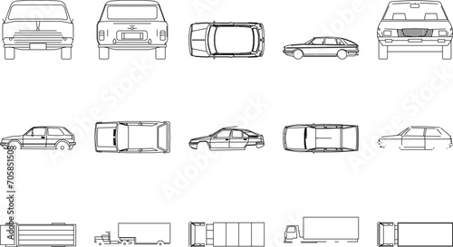 collection of vector sketch illustrations of designs for various kinds of cars
