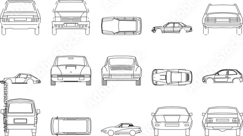 collection of vector sketch illustrations of designs for various kinds of cars