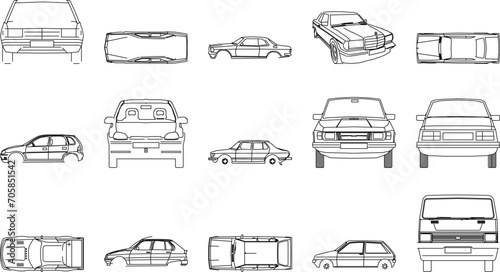 collection of vector sketch illustrations of designs for various kinds of cars