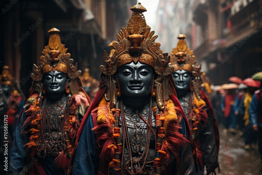 Procession of figures in detailed deity masks with golden and red tones