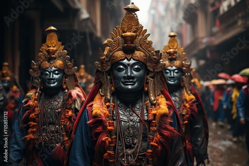 Procession of figures in detailed deity masks with golden and red tones
