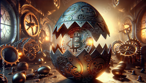 Bitcoin inside Easter egg in titanium steampunk theme with BTC symbol, financial market concept, digital currency, crypto, birth, generative ai photo