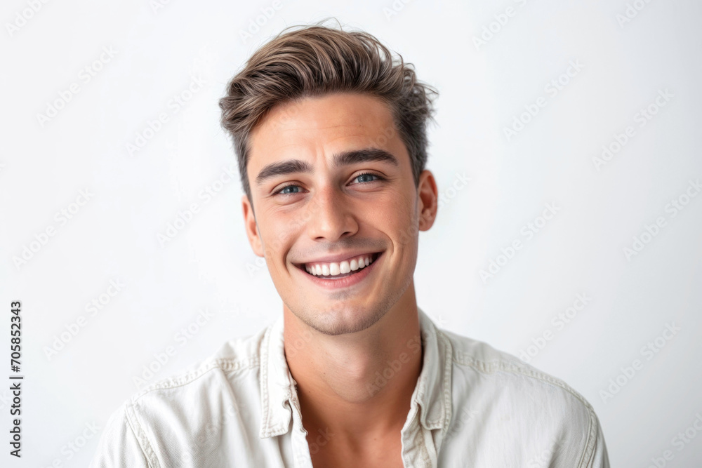 A bright and engaging studio portrait of a young white American male model, showcasing a joyful smile with perfect teeth, casual yet stylish attire A bright and engaging studio portrait of a young white American male model, showcasing a joyful smile with perfect teeth, casual yet stylish attire