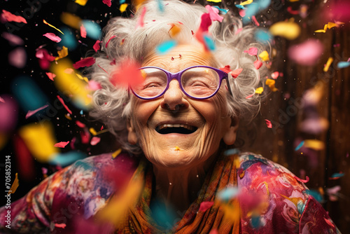 Graceful Festivity: A Portrait of a Senior Lady Embracing the Joy of Confetti at the Party