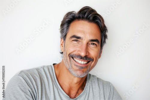A bright and engaging studio portrait of a 55 age white American male model, showcasing a joyful smile with perfect teeth, casual yet stylish attire
